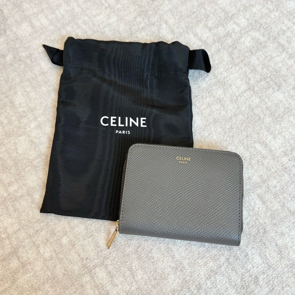 Celine Charcoal Leather Wallet with Gold Zipper